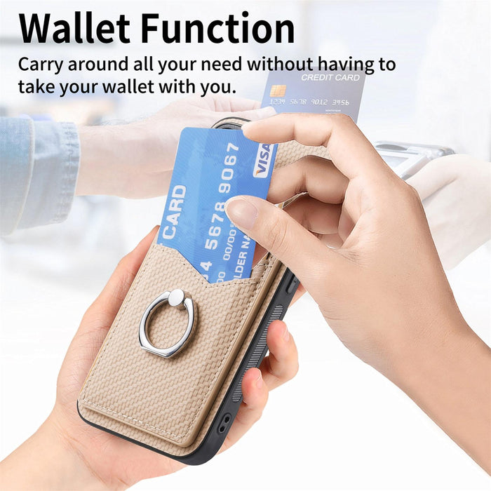 For Iphone 15 Carbon Fiber Card Wallet Ring Holder Phone Case