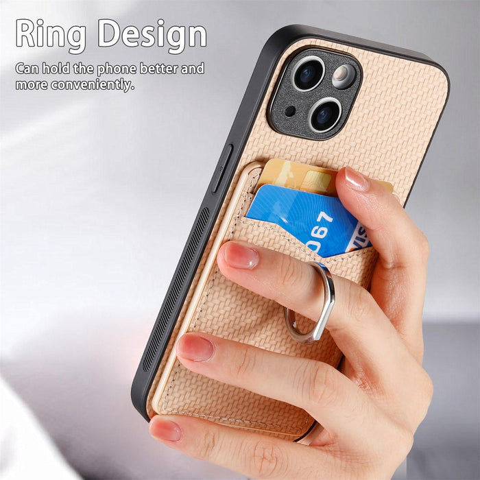 For Iphone 15 Carbon Fiber Card Wallet Ring Holder Phone Case