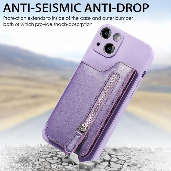 For Iphone 15 Zipper Wallet Leather Back Shockproof Phone Case
