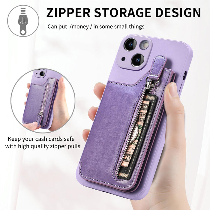 For Iphone 15 Zipper Wallet Leather Back Shockproof Phone Case