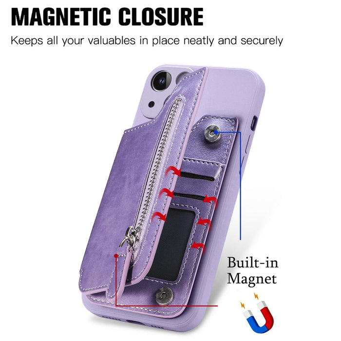 For Iphone 15 Zipper Wallet Leather Back Shockproof Phone Case