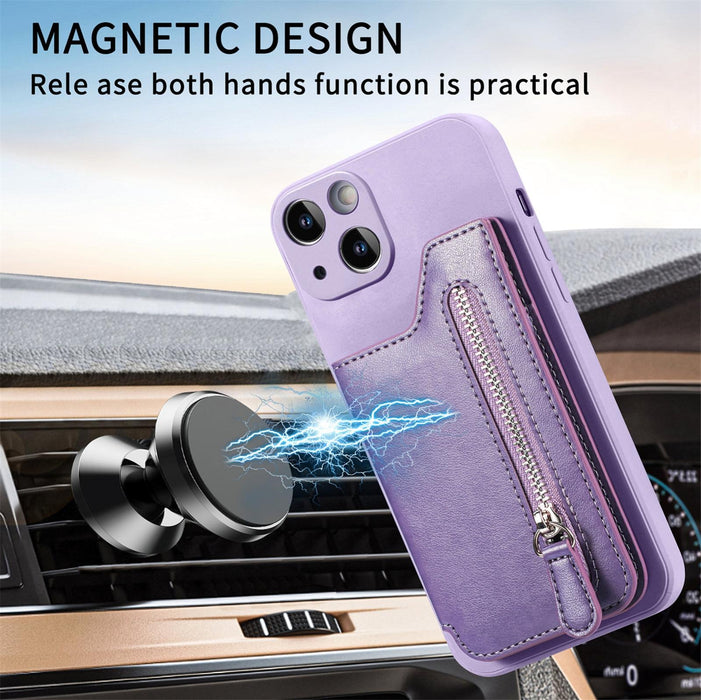 For Iphone 15 Zipper Wallet Leather Back Shockproof Phone Case