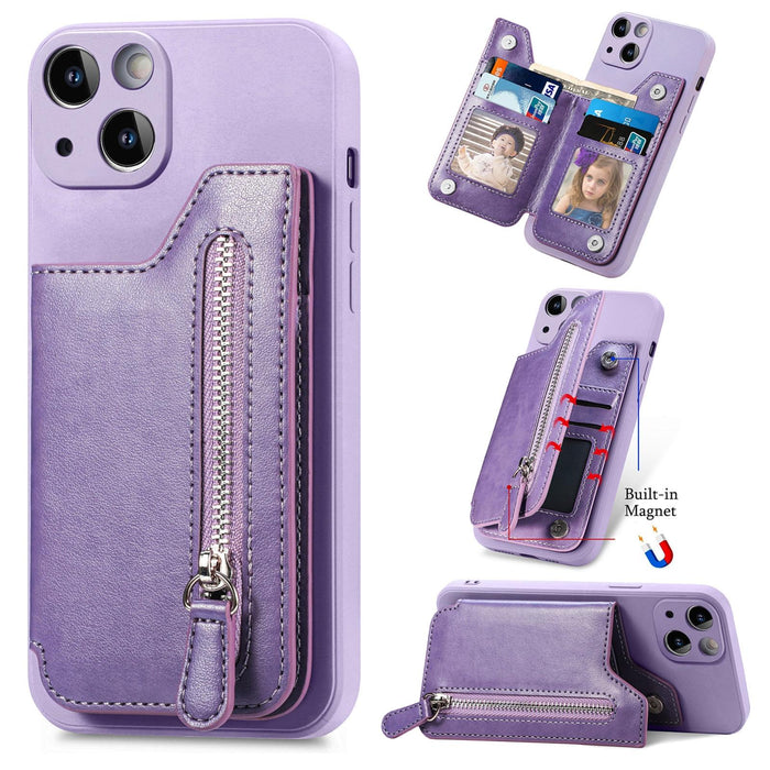 For Iphone 15 Zipper Wallet Leather Back Shockproof Phone Case