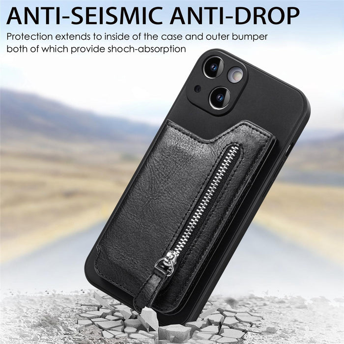 For Iphone 15 Zipper Wallet Leather Back Shockproof Phone Case