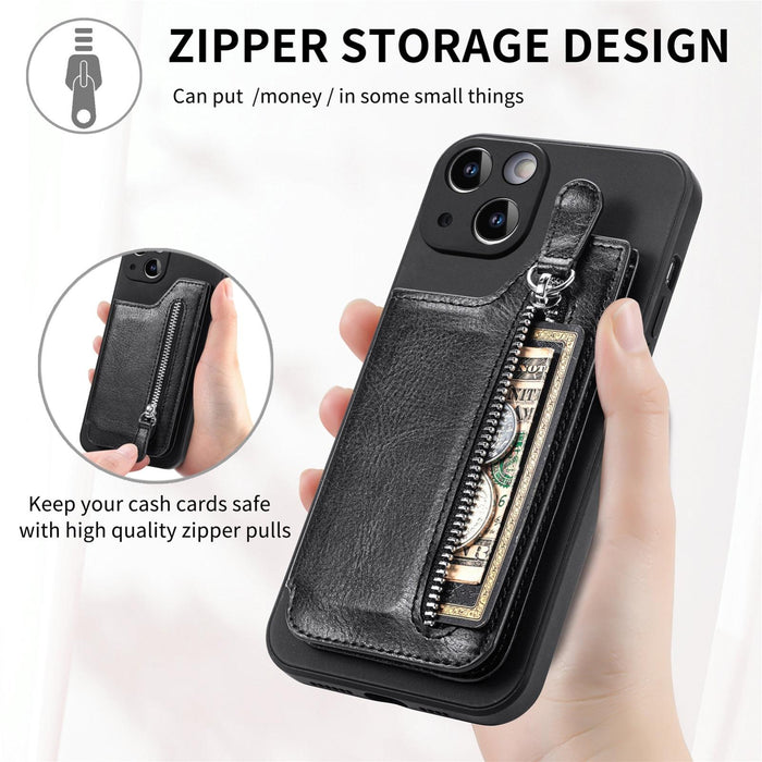 For Iphone 15 Zipper Wallet Leather Back Shockproof Phone Case