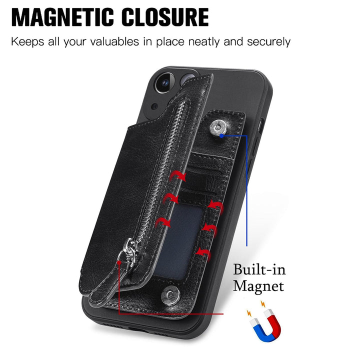 For Iphone 15 Zipper Wallet Leather Back Shockproof Phone Case