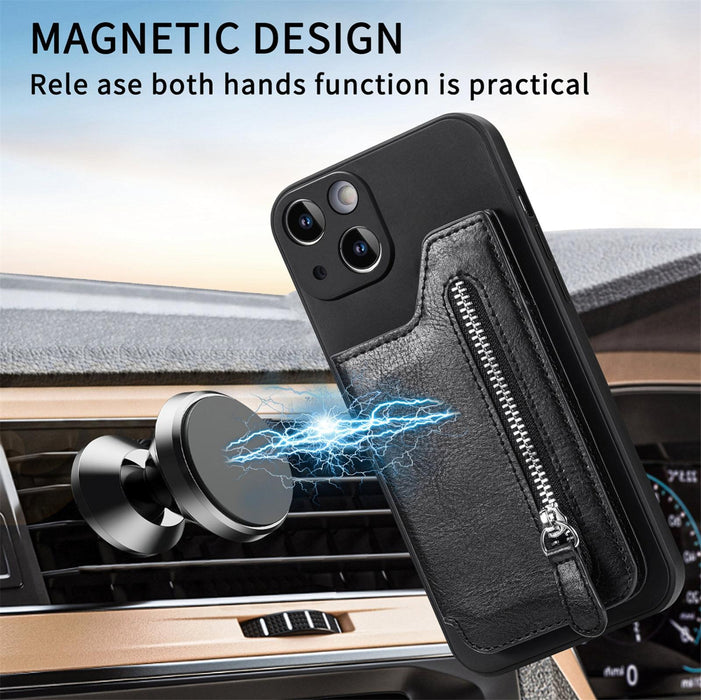 For Iphone 15 Zipper Wallet Leather Back Shockproof Phone Case