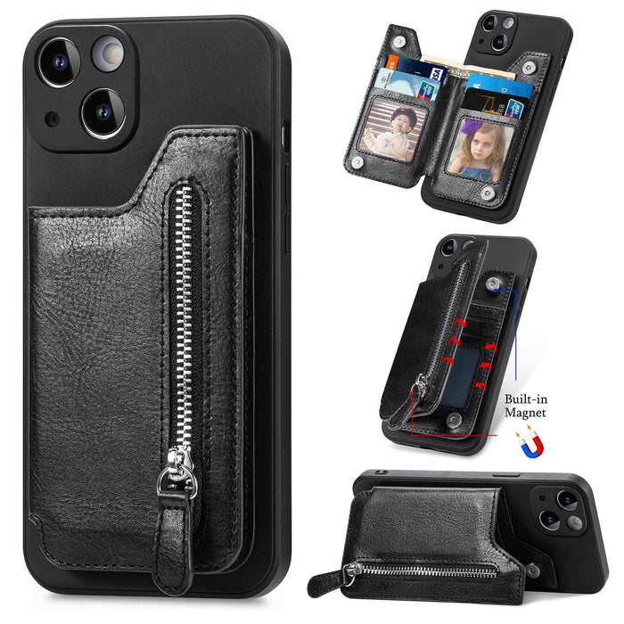 For Iphone 15 Zipper Wallet Leather Back Shockproof Phone Case