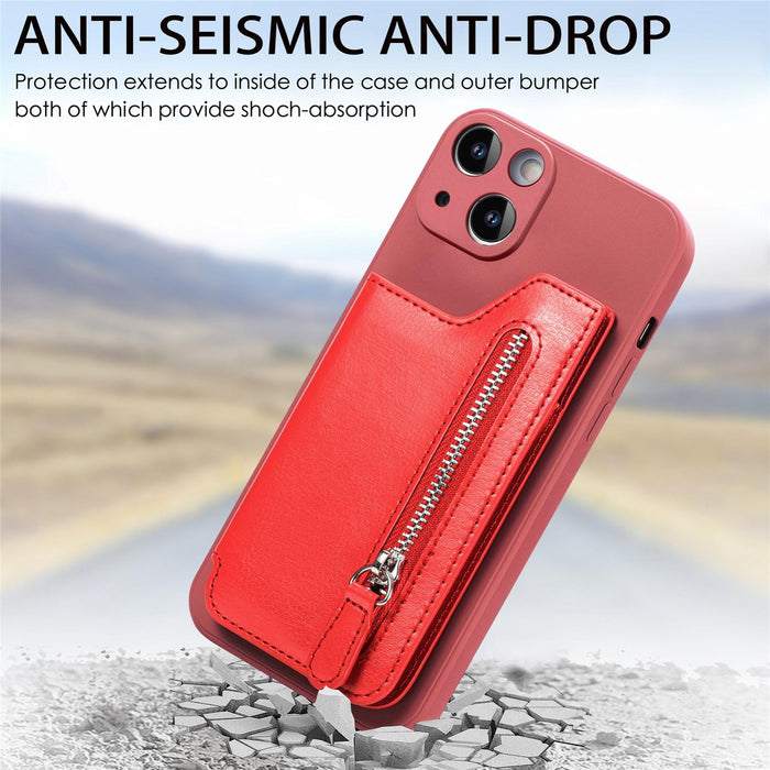 For Iphone 15 Zipper Wallet Leather Back Shockproof Phone Case