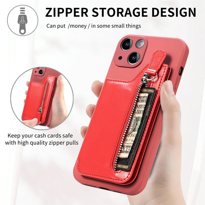 For Iphone 15 Zipper Wallet Leather Back Shockproof Phone Case