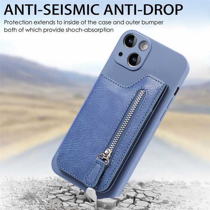 For Iphone 15 Zipper Wallet Leather Back Shockproof Phone Case