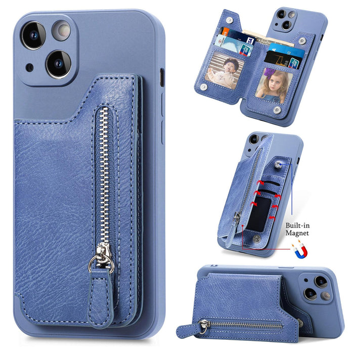 For Iphone 15 Zipper Wallet Leather Back Shockproof Phone Case