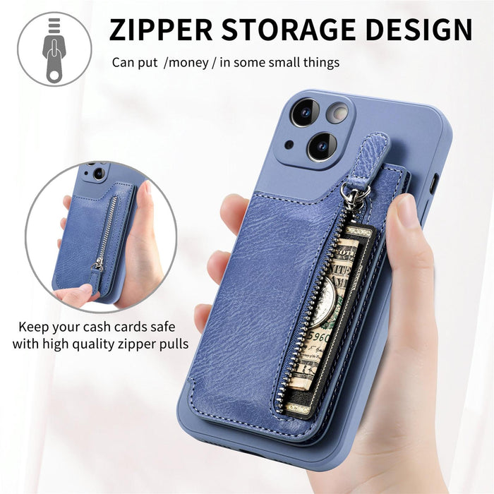 For Iphone 15 Zipper Wallet Leather Back Shockproof Phone Case