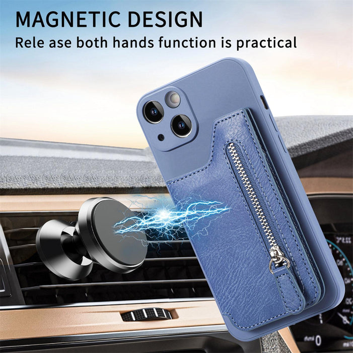 For Iphone 15 Zipper Wallet Leather Back Shockproof Phone Case