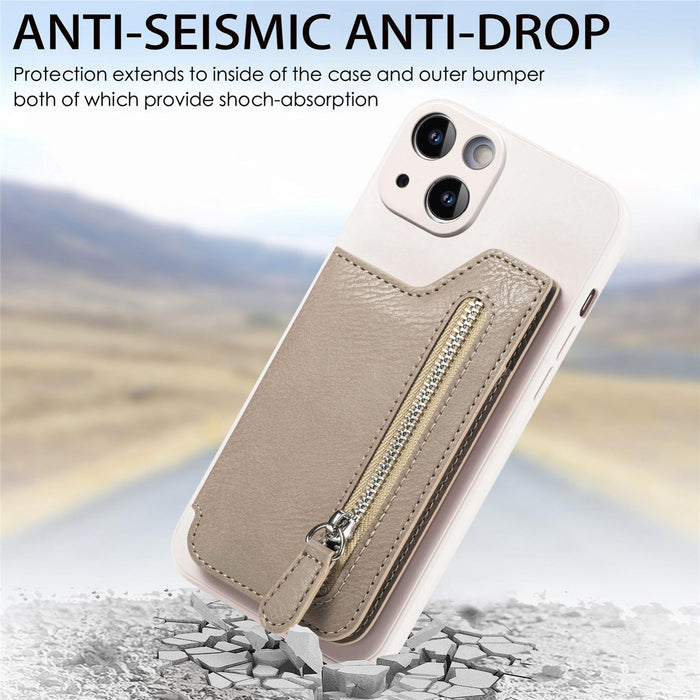 For Iphone 15 Zipper Wallet Leather Back Shockproof Phone Case