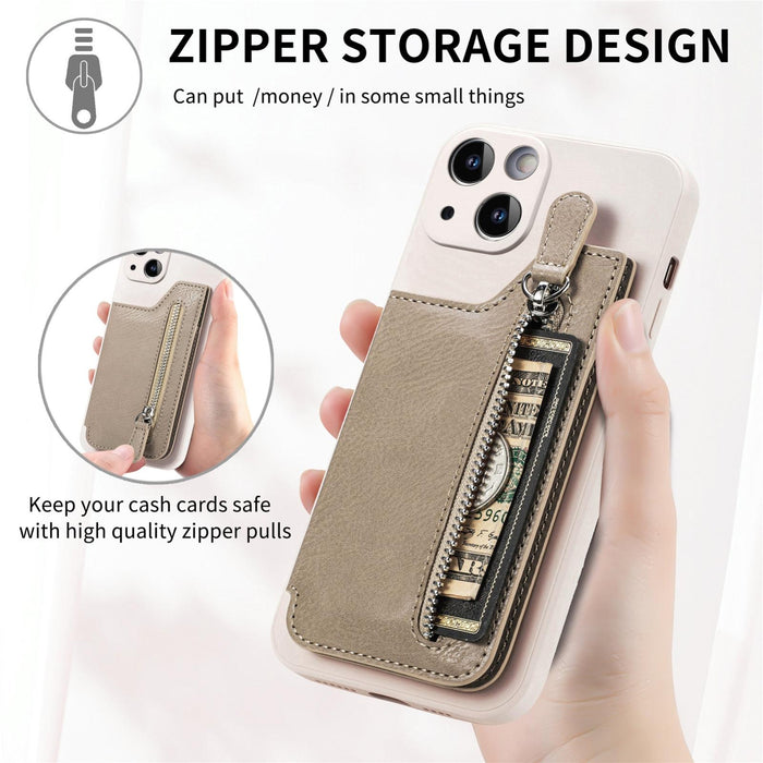 For Iphone 15 Zipper Wallet Leather Back Shockproof Phone Case