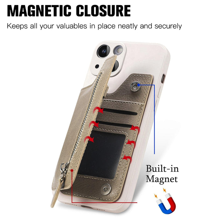 For Iphone 15 Zipper Wallet Leather Back Shockproof Phone Case
