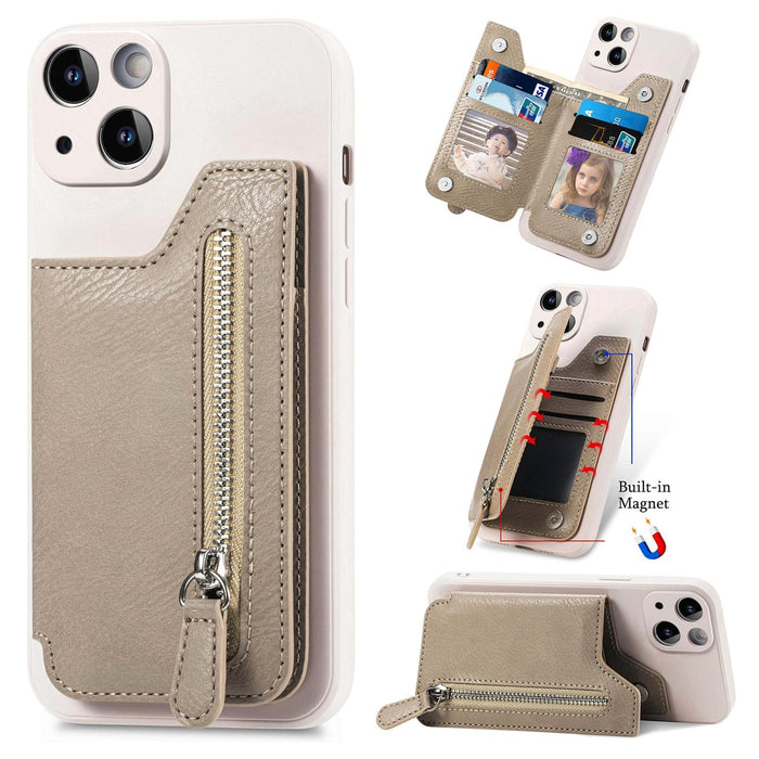 For Iphone 15 Zipper Wallet Leather Back Shockproof Phone Case