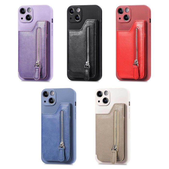 For Iphone 15 Zipper Wallet Leather Back Shockproof Phone Case