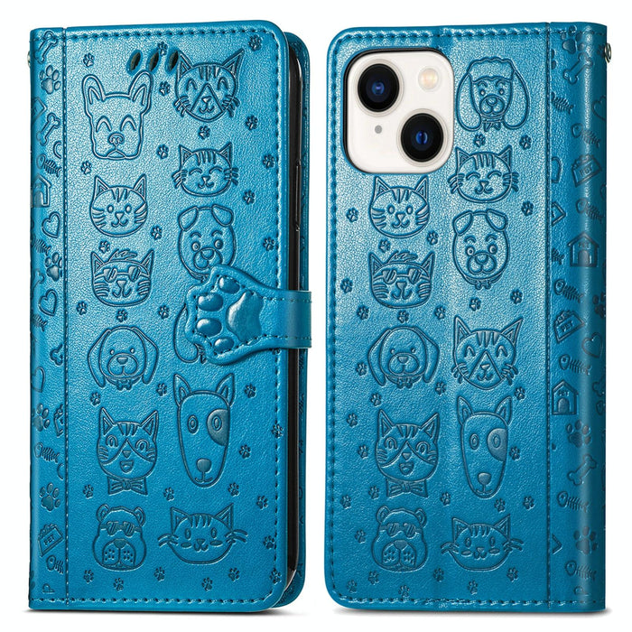 For Iphone 15 Cat And Dog Embossed Leather Phone Case
