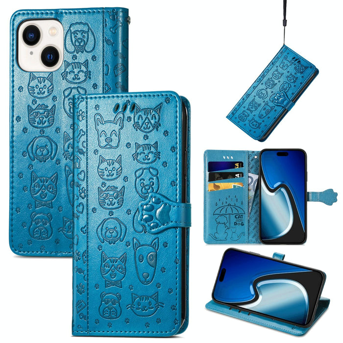 For Iphone 15 Cat And Dog Embossed Leather Phone Case