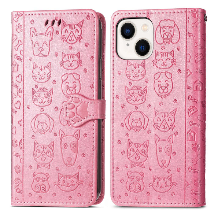 For Iphone 15 Cat And Dog Embossed Leather Phone Case