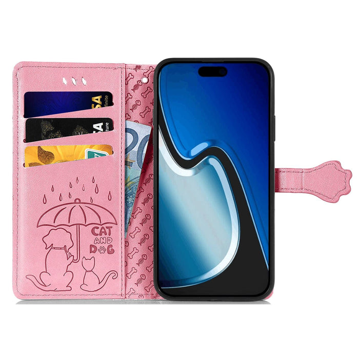 For Iphone 15 Cat And Dog Embossed Leather Phone Case
