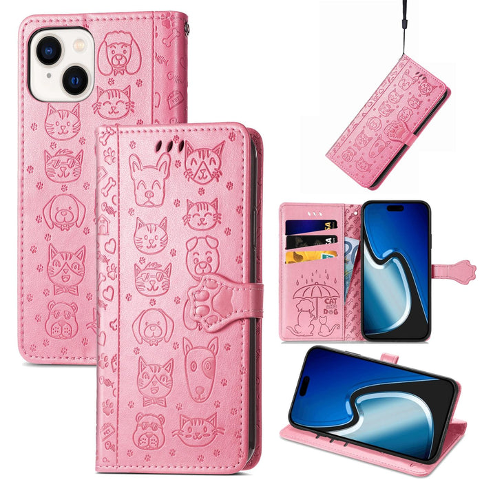 For Iphone 15 Cat And Dog Embossed Leather Phone Case