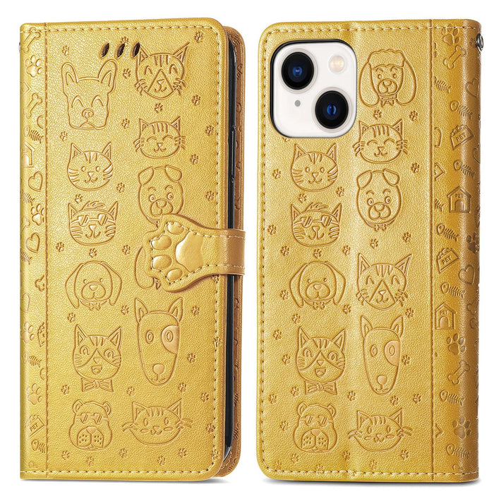 For Iphone 15 Cat And Dog Embossed Leather Phone Case
