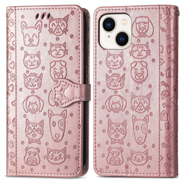 For Iphone 15 Cat And Dog Embossed Leather Phone Case