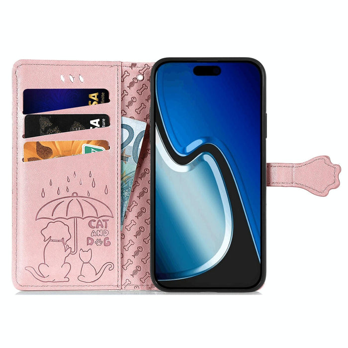 For Iphone 15 Cat And Dog Embossed Leather Phone Case