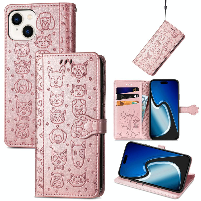 For Iphone 15 Cat And Dog Embossed Leather Phone Case