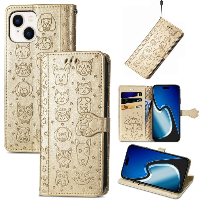 For Iphone 15 Cat And Dog Embossed Leather Phone Case