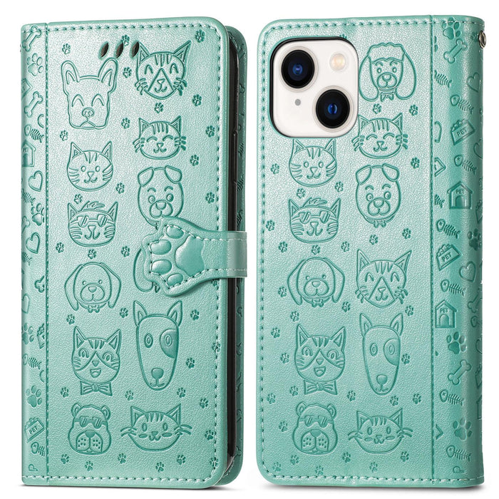 For Iphone 15 Cat And Dog Embossed Leather Phone Case
