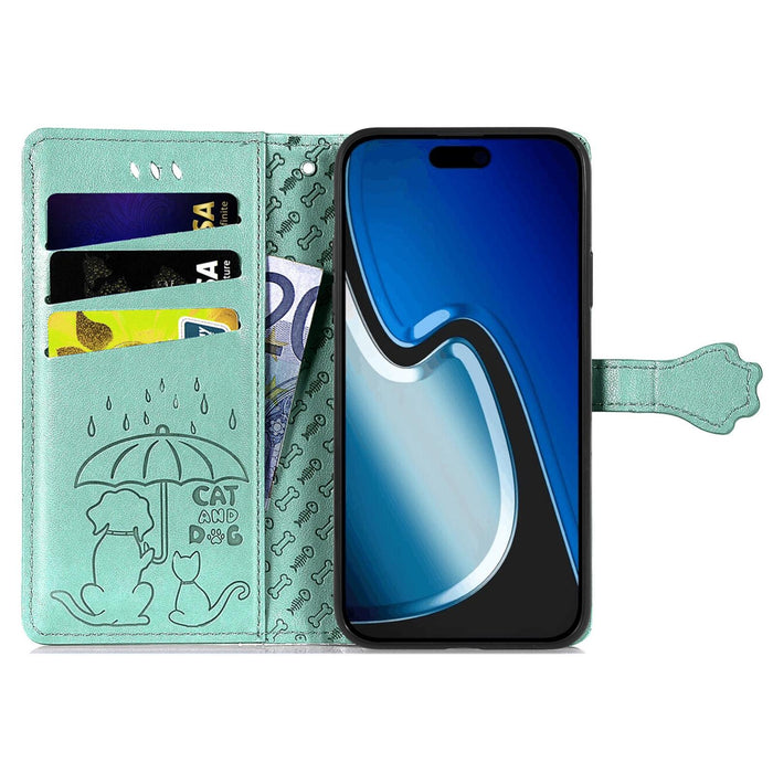 For Iphone 15 Cat And Dog Embossed Leather Phone Case