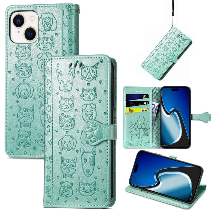 For Iphone 15 Cat And Dog Embossed Leather Phone Case