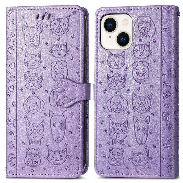 For Iphone 15 Cat And Dog Embossed Leather Phone Case