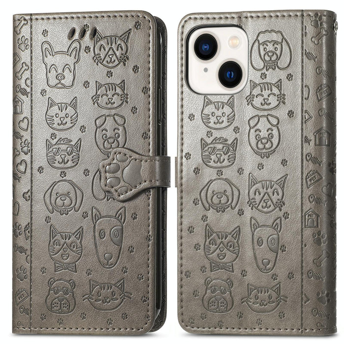 For Iphone 15 Cat And Dog Embossed Leather Phone Case
