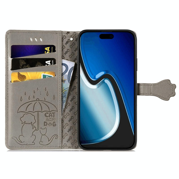 For Iphone 15 Cat And Dog Embossed Leather Phone Case