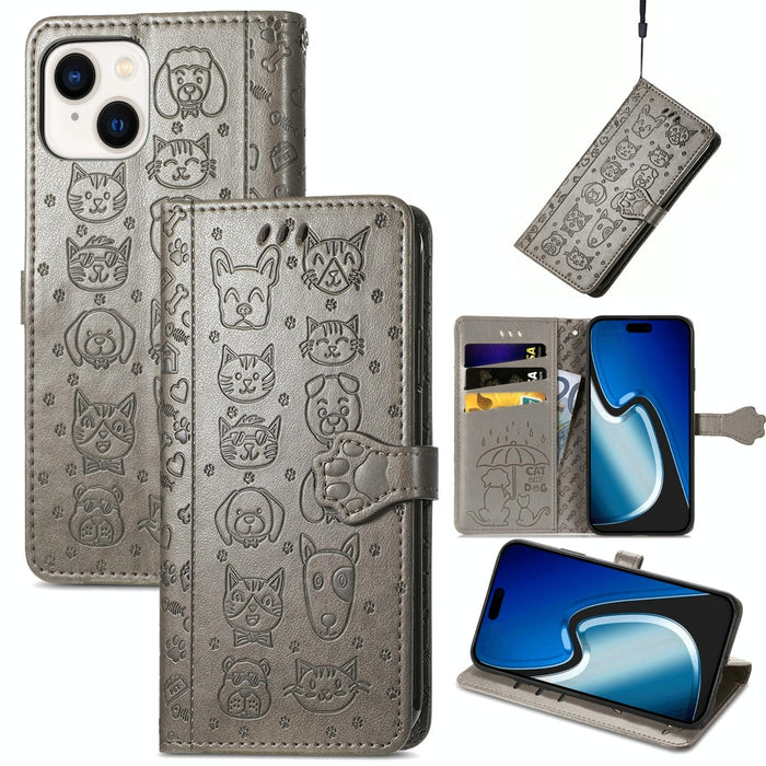 For Iphone 15 Cat And Dog Embossed Leather Phone Case
