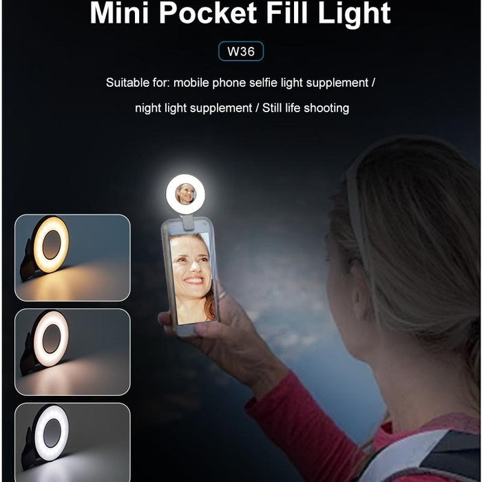 W36 Mini Led Cell Phone Fill Light With Makeup Mirror Magnetic Selfie Ring Light