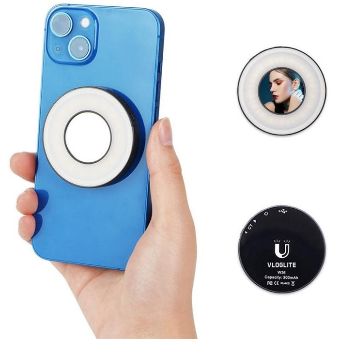 W36 Mini Led Cell Phone Fill Light With Makeup Mirror Magnetic Selfie Ring Light