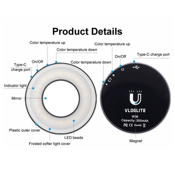 W36 Mini Led Cell Phone Fill Light With Makeup Mirror Magnetic Selfie Ring Light