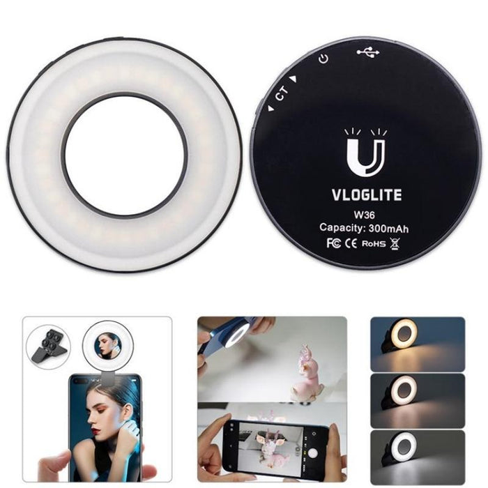 W36 Mini Led Cell Phone Fill Light With Makeup Mirror Magnetic Selfie Ring Light