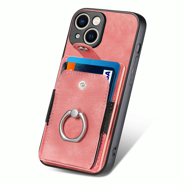 For Iphone 15 Retro Skin-Feel Ring Card Wallet Phone Case