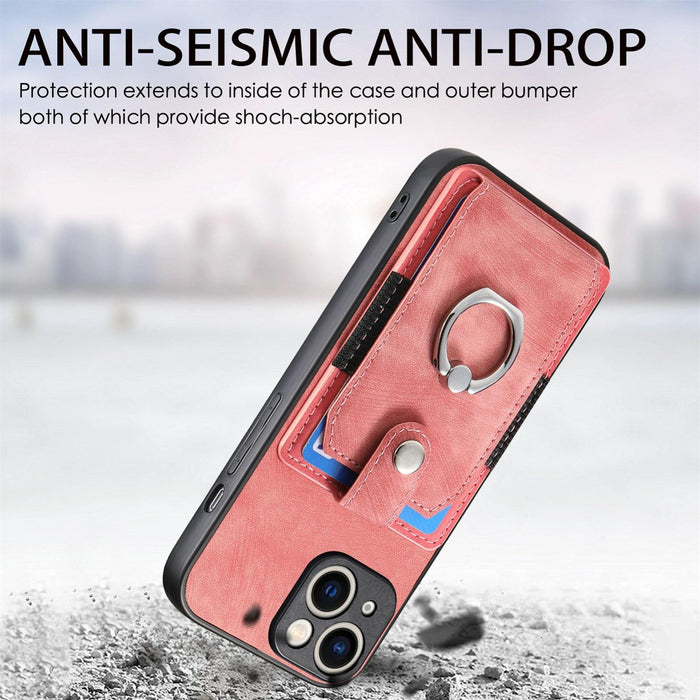 For Iphone 15 Retro Skin-Feel Ring Card Wallet Phone Case