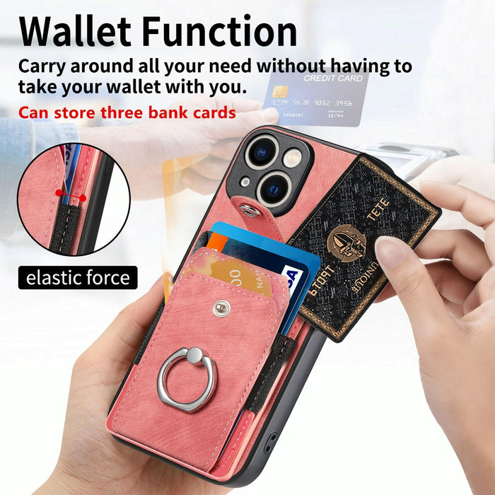 For Iphone 15 Retro Skin-Feel Ring Card Wallet Phone Case