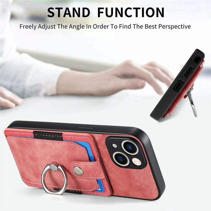 For Iphone 15 Retro Skin-Feel Ring Card Wallet Phone Case