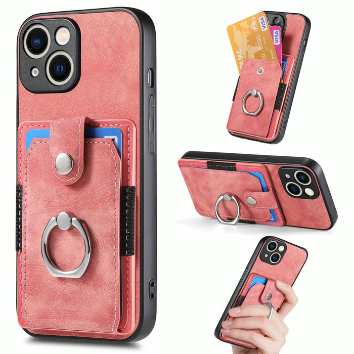 For Iphone 15 Retro Skin-Feel Ring Card Wallet Phone Case