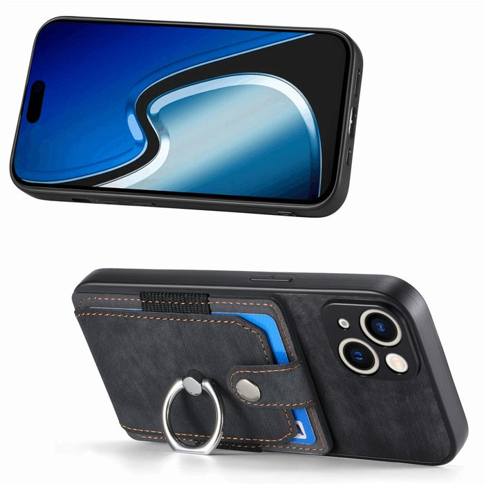 For Iphone 15 Retro Skin-Feel Ring Card Wallet Phone Case